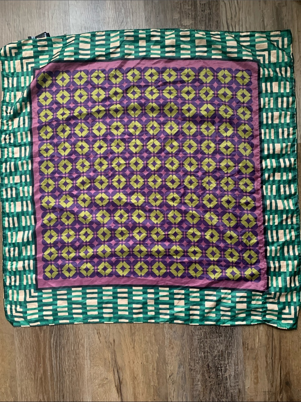 Zara Purple, Lime and Teal Geometric Silk Scarf and navy scarf of unknown brand